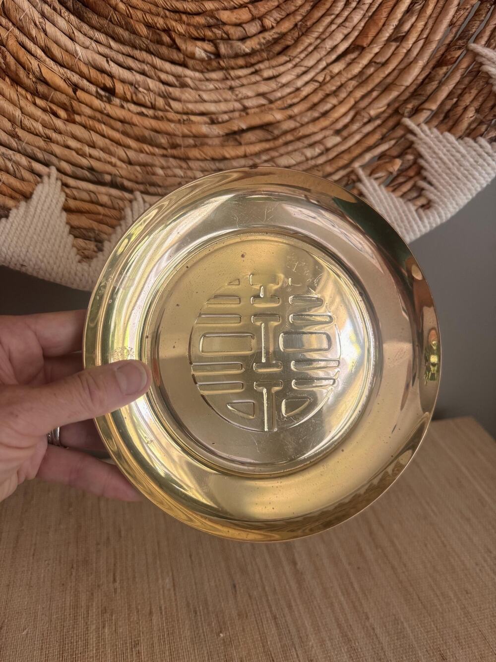 Vintage Slid Brass Double Happiness Vanity Trinket Dish 7"